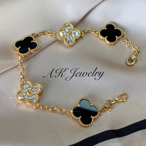 💎18k LUXURY QUATREFOIL Gold & Black BRACELET 5 Motifs Clover Flower Black Onyx - Picture 5 of 7
